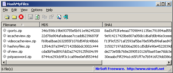 Calcolo degli Hash di alcuni file tramite un software specifico.